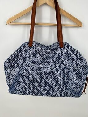 Street Level Blue Diamond-Pattern Tote with Brown Leather Handles